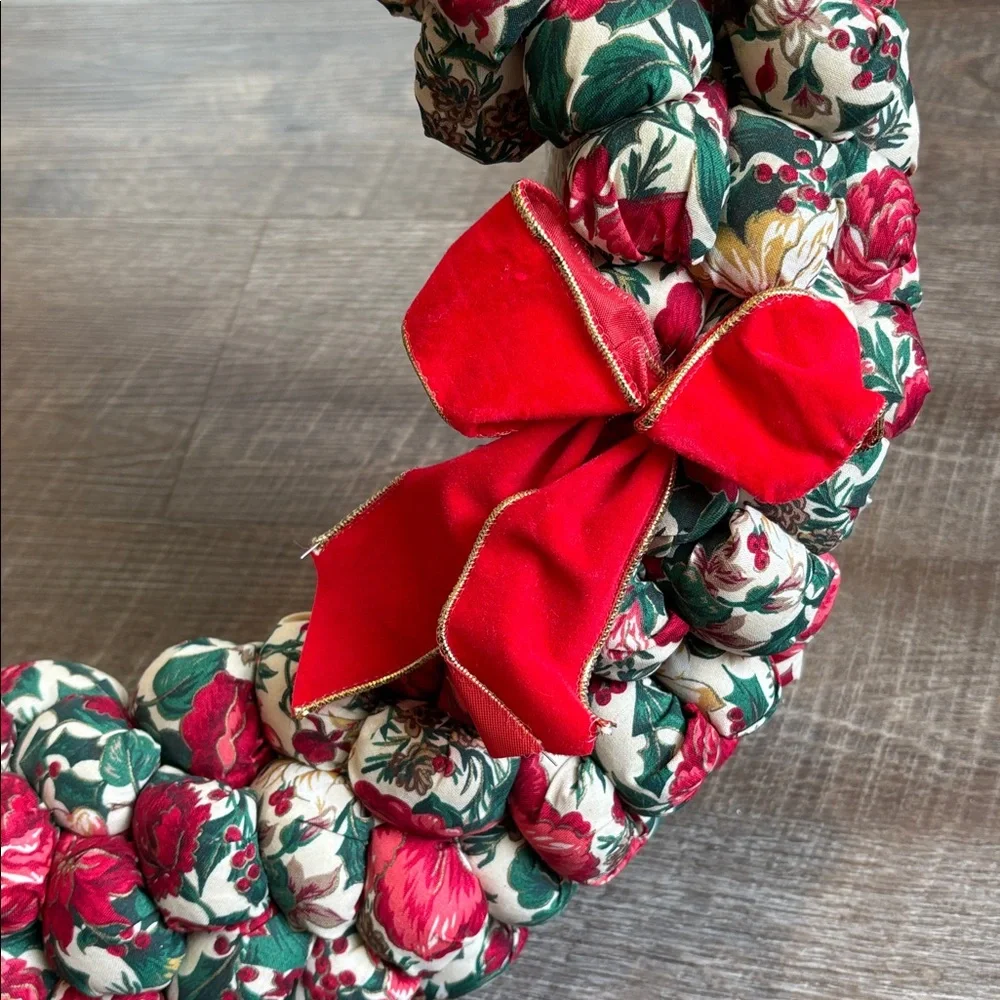 Festive Floral Holiday Wreath with Red Bow Handmade Stuffed Fabric Red 18”